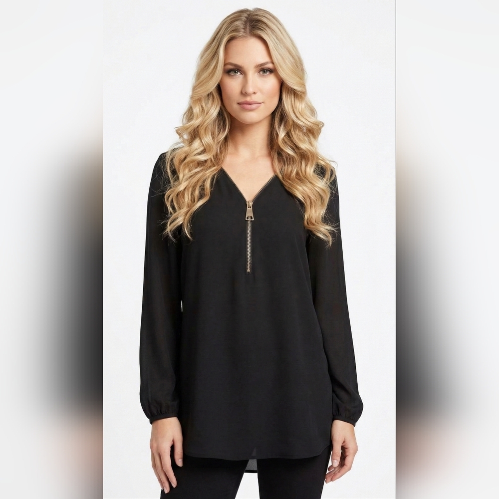 Carmen Marc Valvo Black V-Neck Zip-Front Long Sleeve Blouse Size 1X